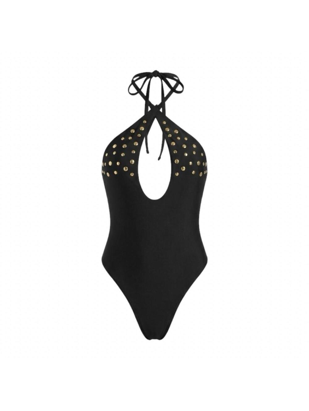 Black Gold-Studded Halter Bodysuit